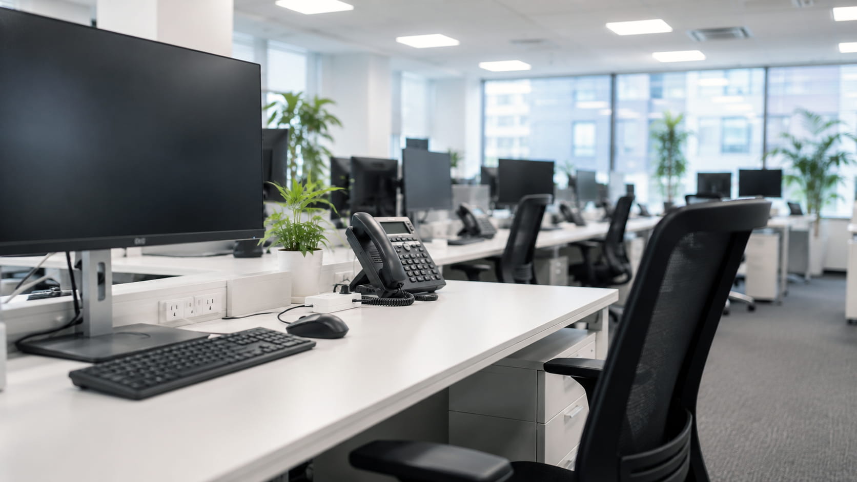 Office workspace with desks, monitors and phones
